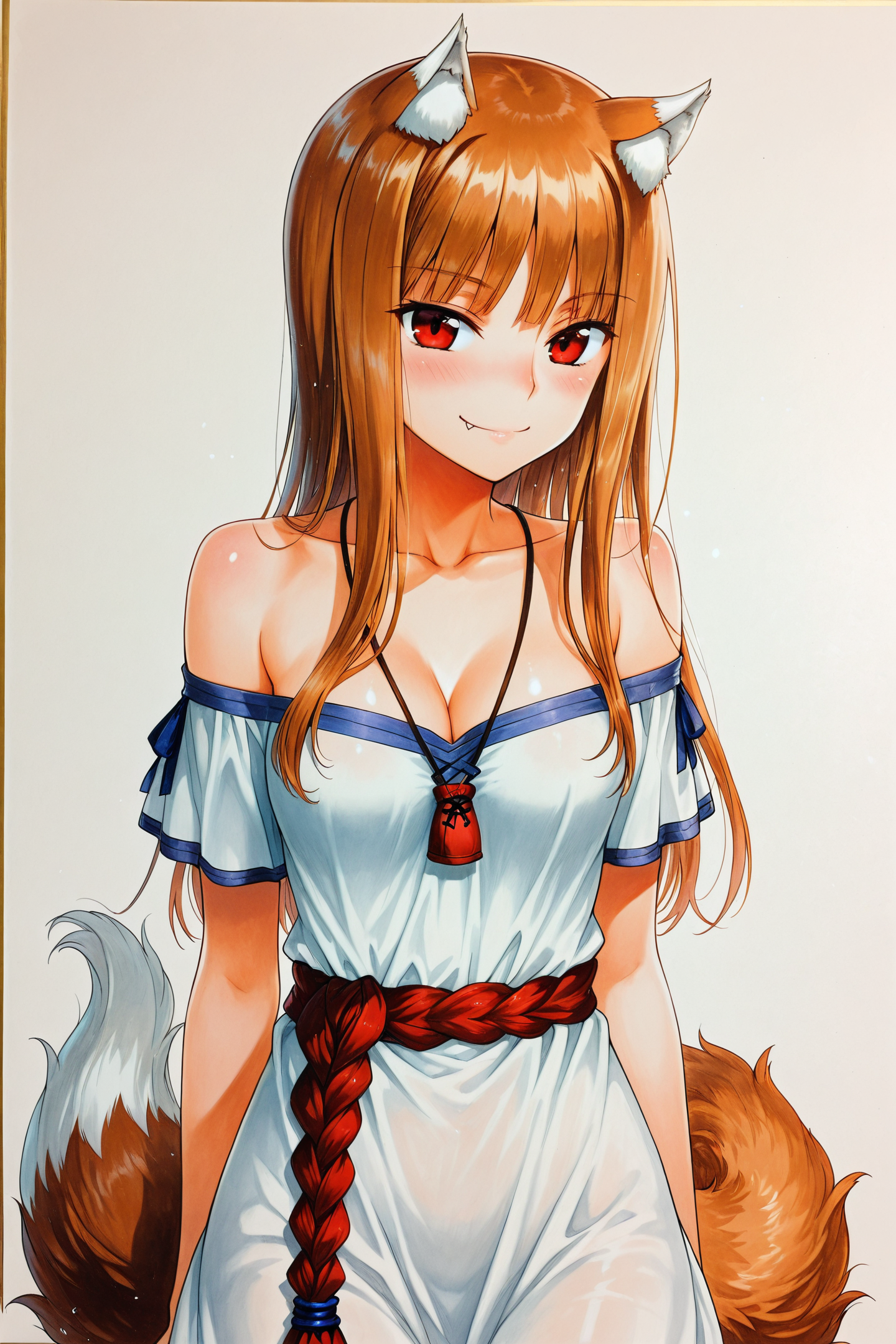 42666-2819663121-1girl,tail,animal ears,solo,holo,wolf tail,long hair,wolf ears,fang,wolf girl,white dress,red eyes,brown hair,smile,breasts,look.png